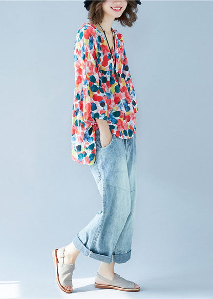 Red V Neck Dot Print Patchwork Wrinkled Chiffon Blouses Short Sleeve