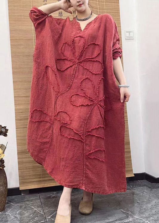 Red V Neck Embroidery Patchwork Linen Dress Long Sleeve