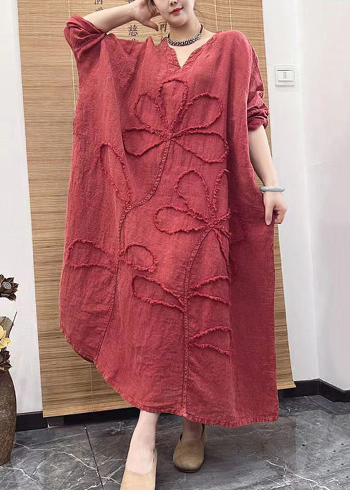 Red V Neck Embroidery Patchwork Linen Dress Long Sleeve
