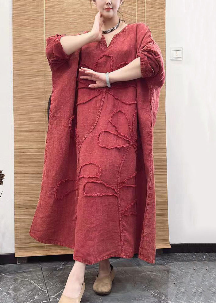 Red V Neck Embroidery Patchwork Linen Dress Long Sleeve