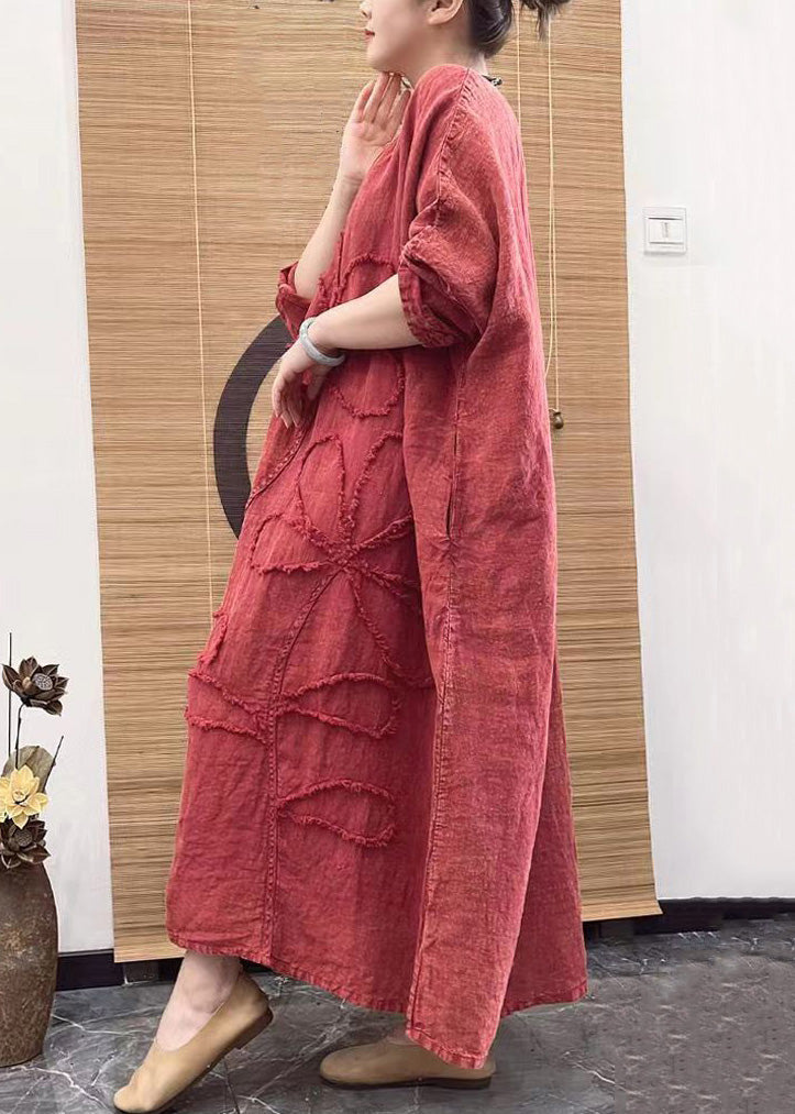 Red V Neck Embroidery Patchwork Linen Dress Long Sleeve