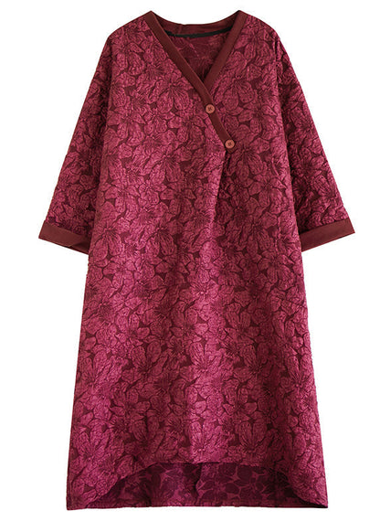 Red V Neck Jacquard Patchwork Cotton Dress Fall