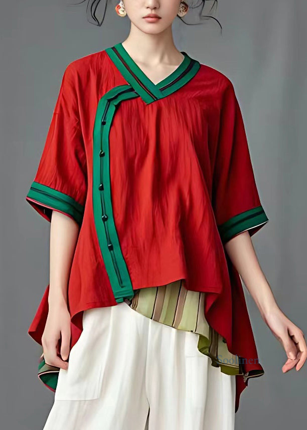 Red V Neck Low High Design T Shirts Short Sleeve