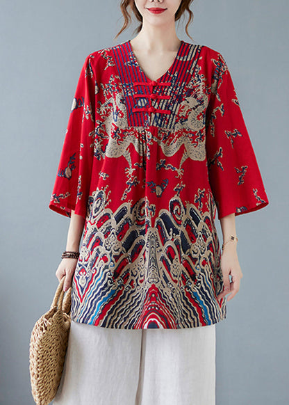 Plus Size Red V Neck Print Top Spring