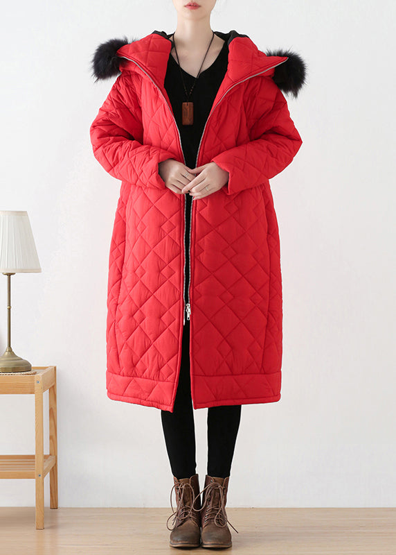 Red Zippered Thick Hooded Long Parka Winter