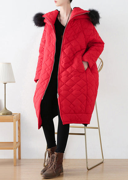 Red Zippered Thick Hooded Long Parka Winter