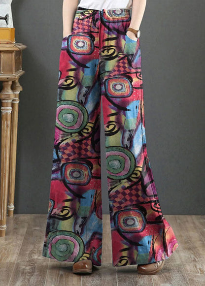Red Elastic Waist Pockets Print Cotton Wide Leg Pants Summer