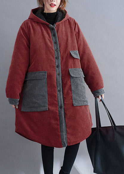 Red Hooded Button Corduroy Winter Cotton Long Coat Sleeve