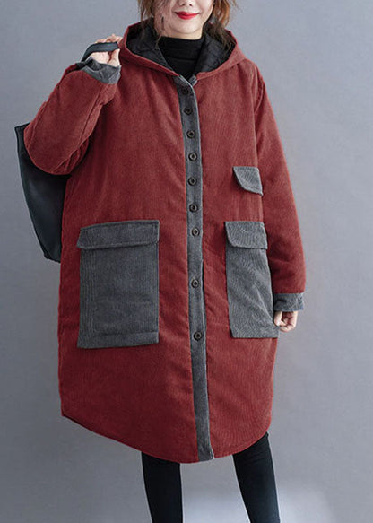 Red Hooded Button Corduroy Winter Cotton Long Coat Sleeve