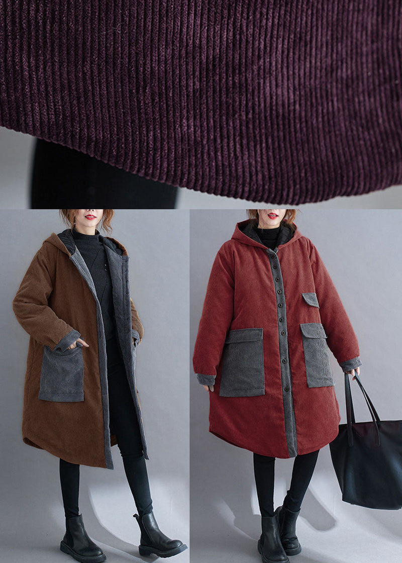Red Hooded Button Corduroy Winter Cotton Long Coat Sleeve