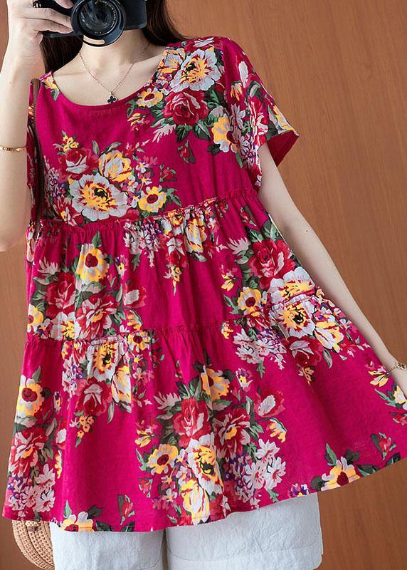 Rose Print Cinched Cotton Linen Blouses Summer