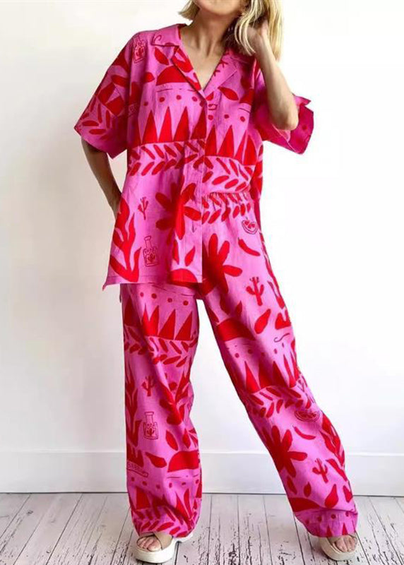Rose Print Shirts and Wide Leg Pants Two Pieces Set Short Sleeve