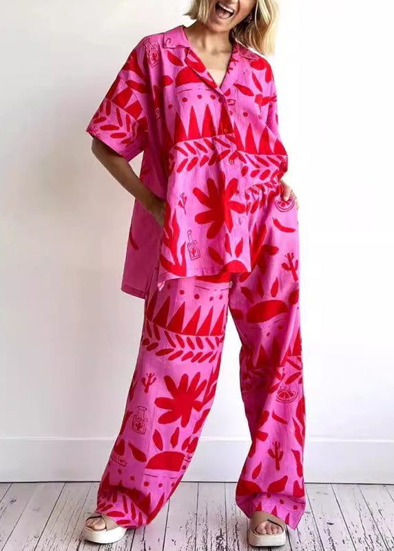 Rose Print Shirts and Wide Leg Pants Two Pieces Set Short Sleeve
