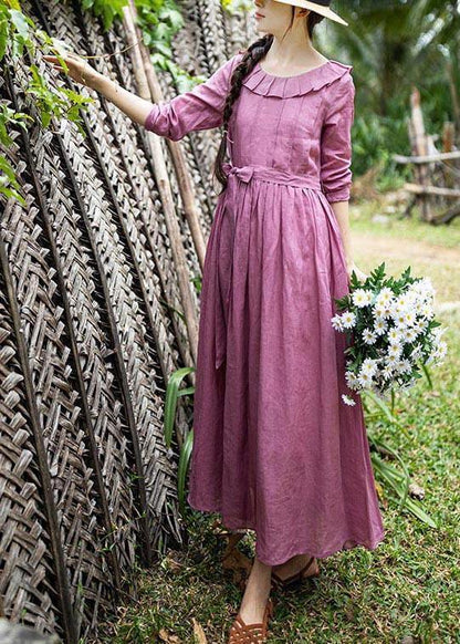Rose Ruffles Cinched Party Summer Linen Dress
