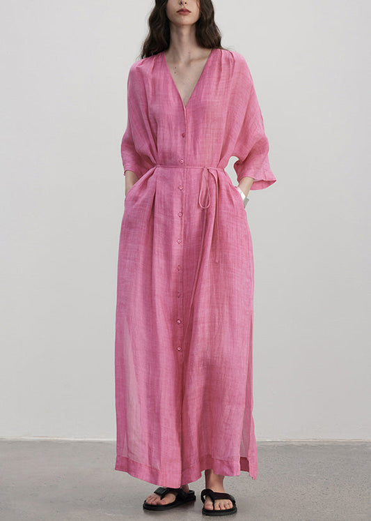 Rose V Neck Button Pockets Linen Dress Summer