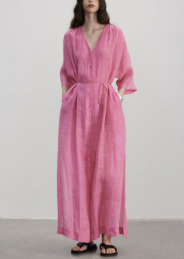 Rose V Neck Button Pockets Linen Dress Summer