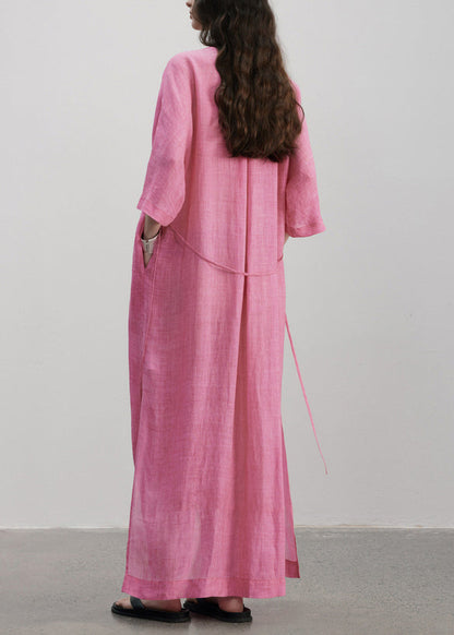 Rose V Neck Button Pockets Linen Dress Summer