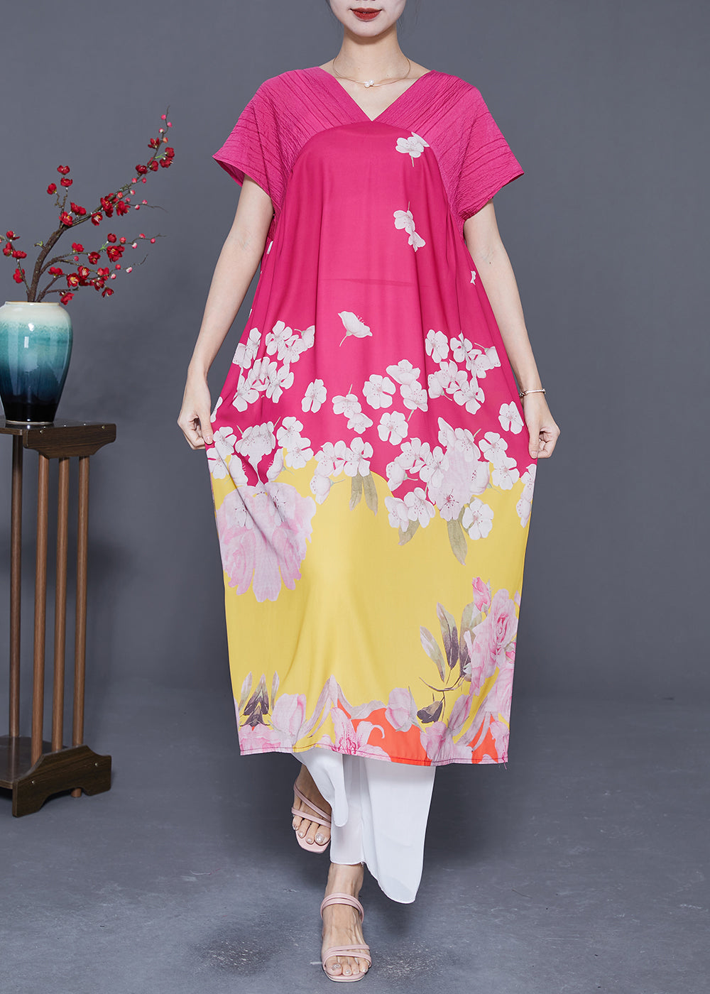Rose V Neck Patchwork Print Silk Beach Dress Summer