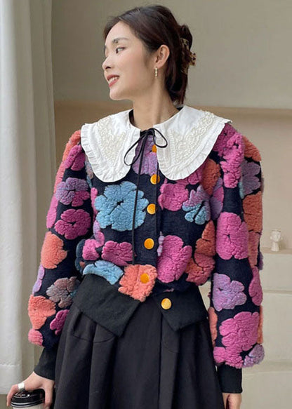 Rose Flower Button Faux Fur Winter Coat