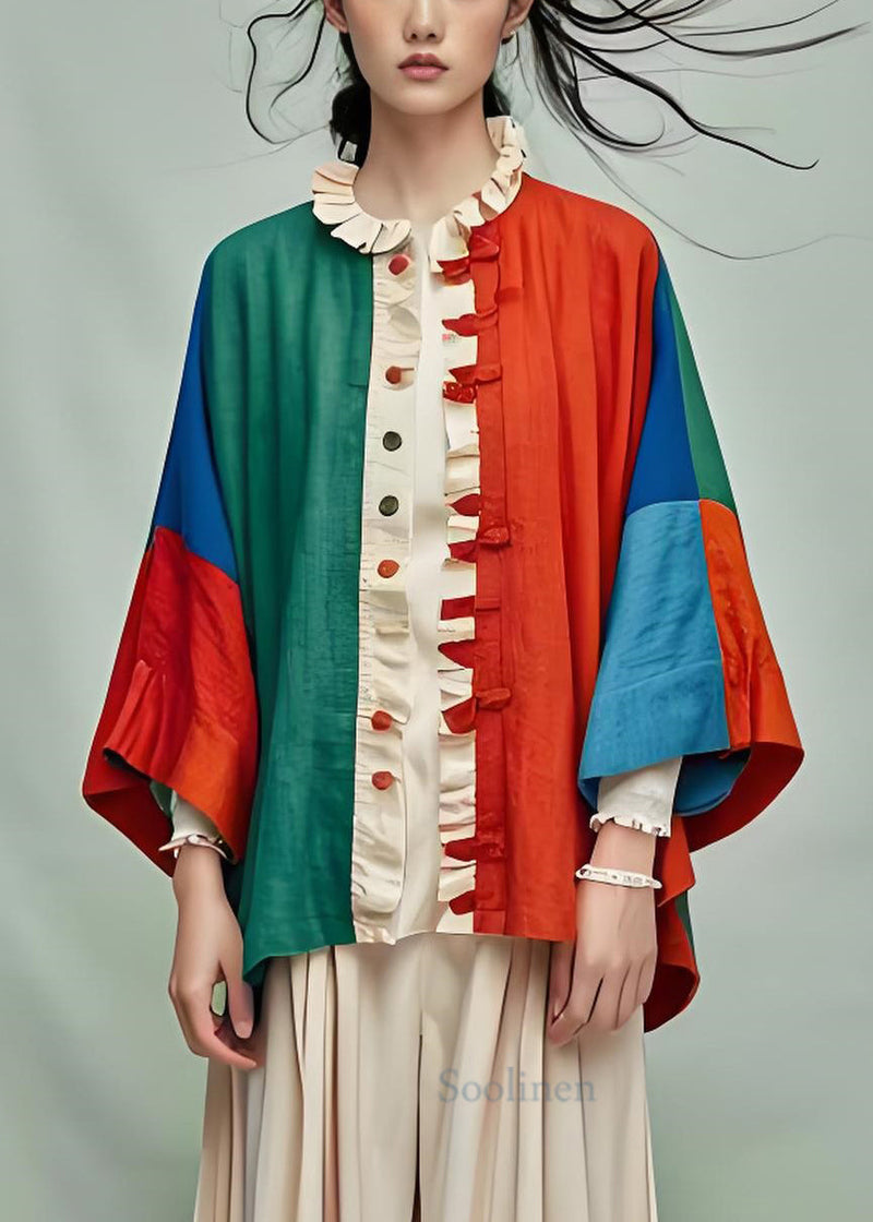 Ruffled Patchwork Cotton Cardigans Bracelet Sleeve