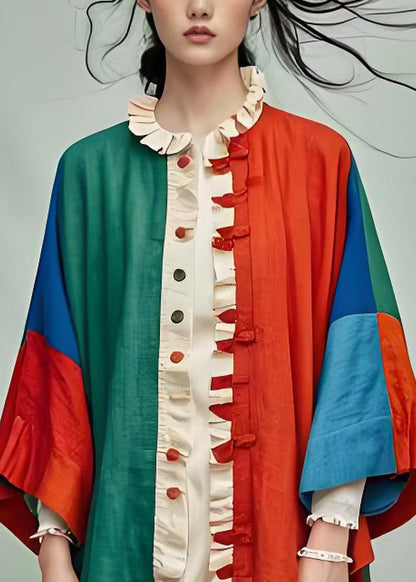 Ruffled Patchwork Cotton Cardigans Bracelet Sleeve