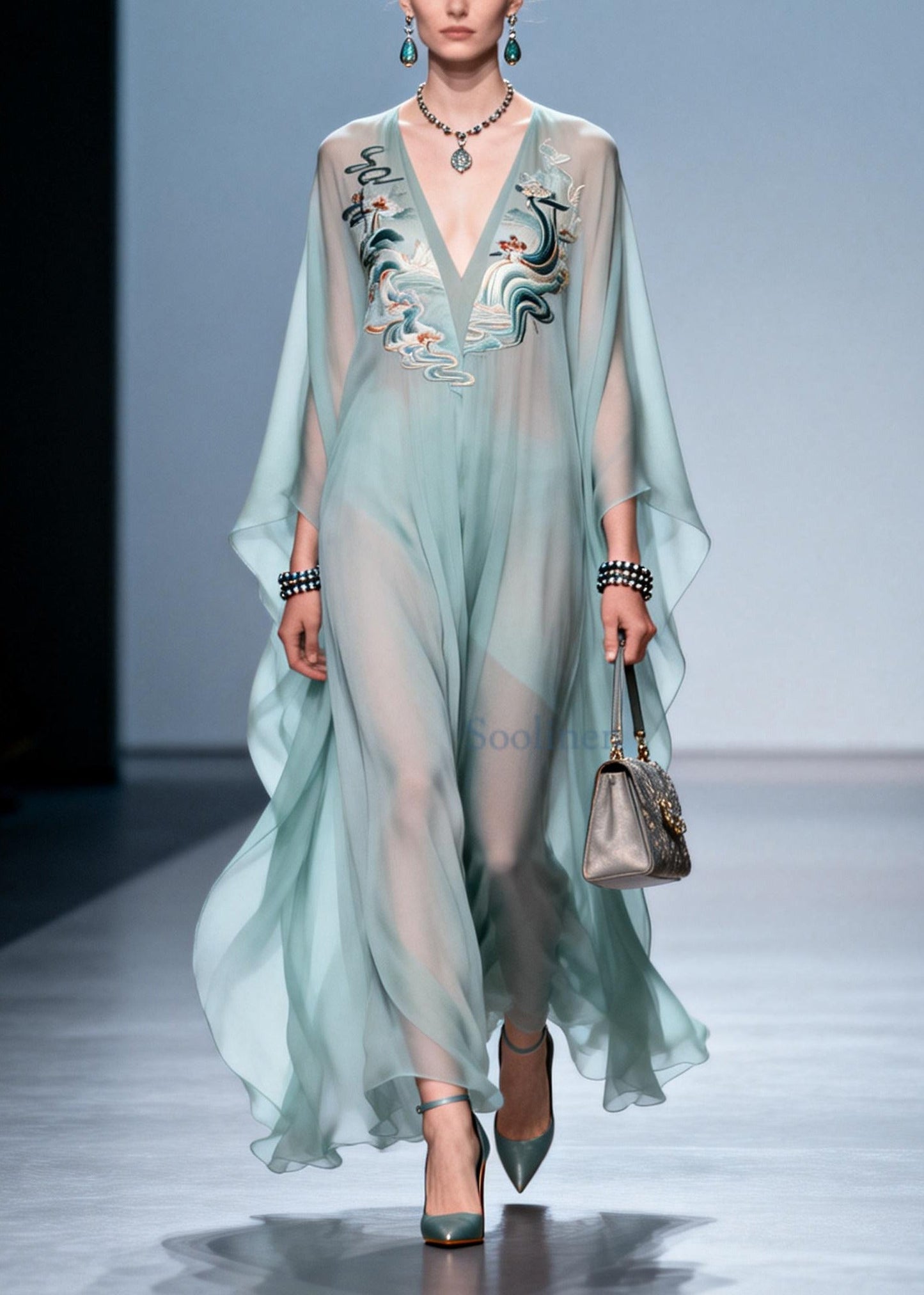 Sky Blue Print Draping Chiffon Maxi Dress Batwing Sleeve