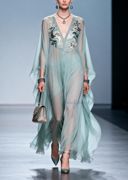 Sky Blue Print Draping Chiffon Maxi Dress Batwing Sleeve