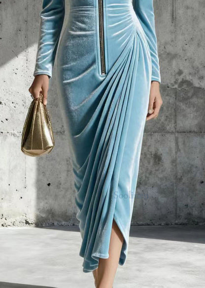 Sky Blue Zip Up Wrinkled Silk Velvet Maxi Dresses Spring