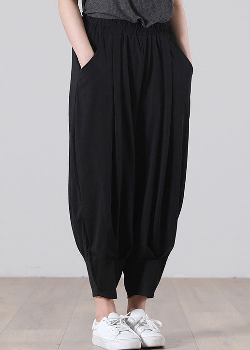 Black Elastic Waist Wrinkled Pockets Cotton Harem Pants Fall