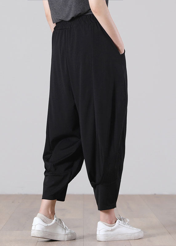 Black Elastic Waist Wrinkled Pockets Cotton Harem Pants Fall