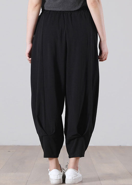 Black Elastic Waist Wrinkled Pockets Cotton Harem Pants Fall