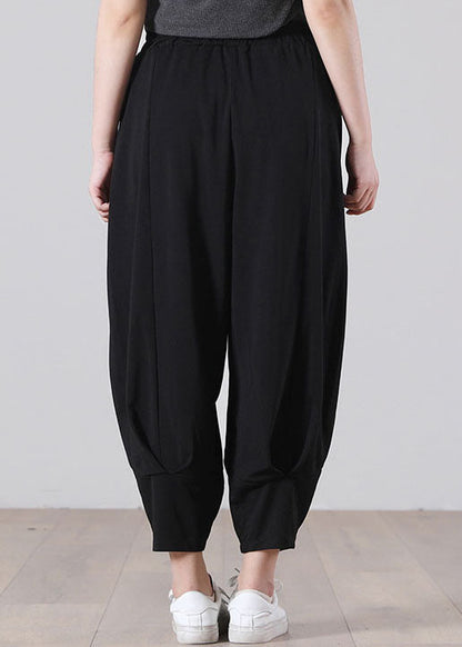Black Elastic Waist Wrinkled Pockets Cotton Harem Pants Fall