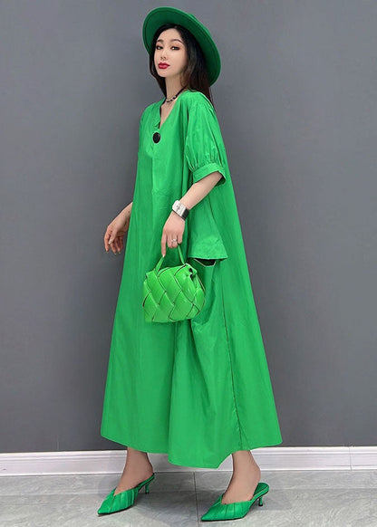 Green V Neck Big Pockets Cotton Maxi Dress Short Sleeve