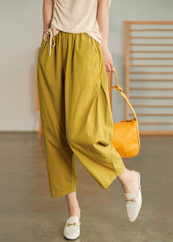 Yellow Elastic Waist Wrinkled Pockets Linen Crop Pants Summer