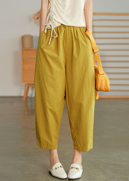 Yellow Elastic Waist Wrinkled Pockets Linen Crop Pants Summer