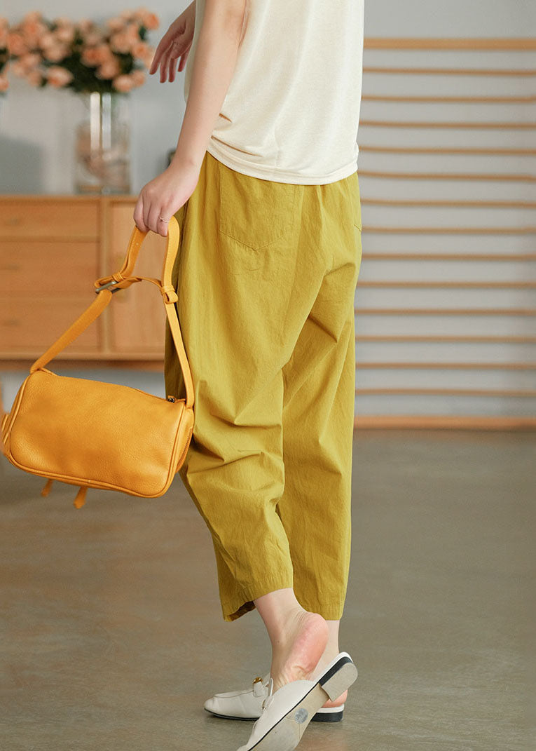 Yellow Elastic Waist Wrinkled Pockets Linen Crop Pants Summer