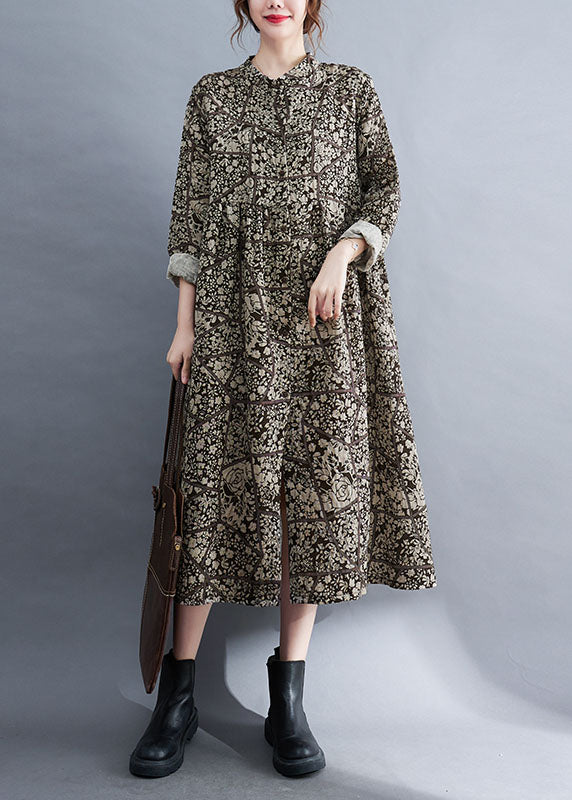 Stand Collar Button Print Patchwork Fall Maxi Dresses Long Sleeve