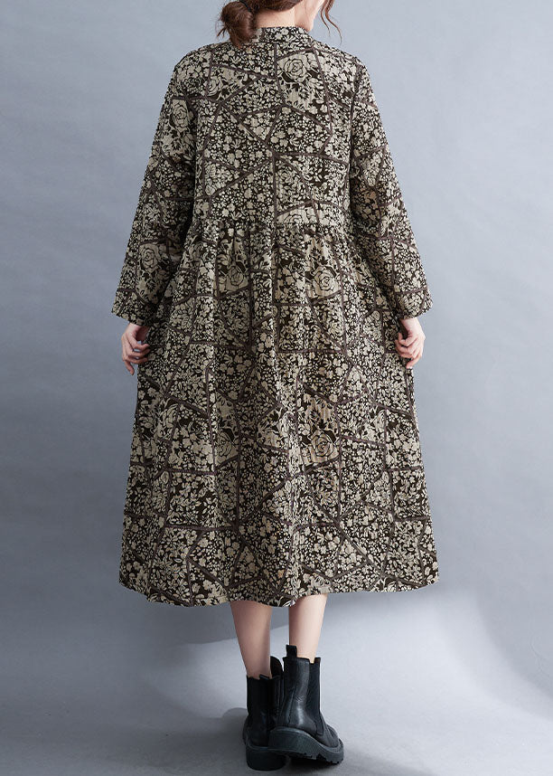 Stand Collar Button Print Patchwork Fall Maxi Dresses Long Sleeve