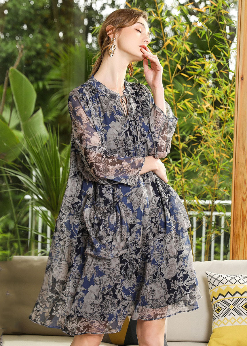 Stand Collar Oversized Print Chiffon Holiday Dress Long Sleeve