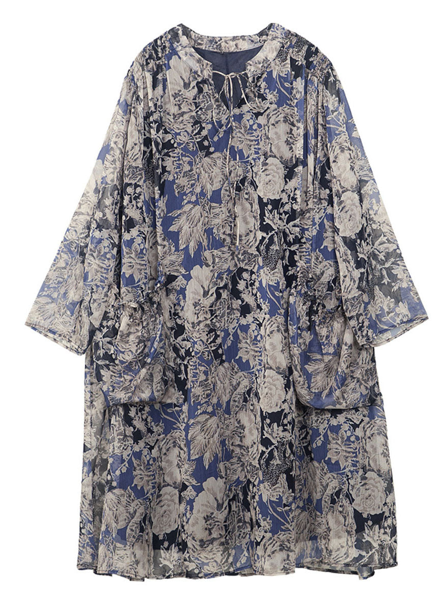 Stand Collar Oversized Print Chiffon Holiday Dress Long Sleeve