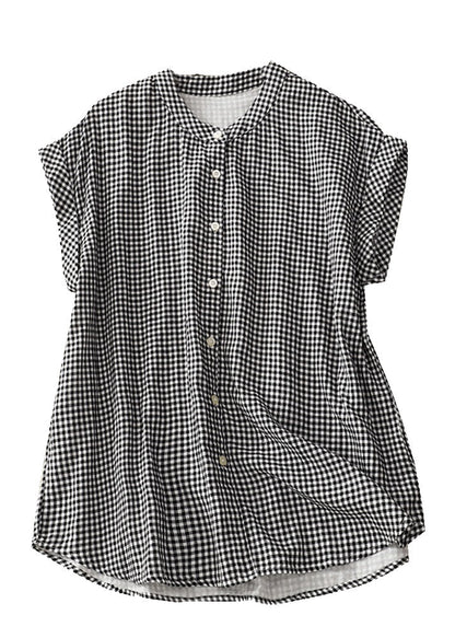 Stand Collar Plaid Button Cotton Shirts Summer