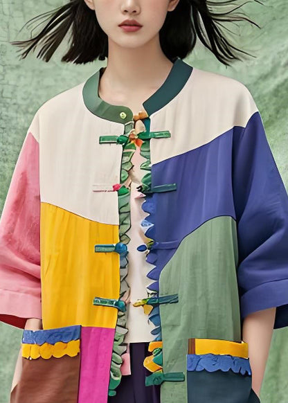 Stand Collar Pockets Chinese Button Cotton Shirts Coat Summer