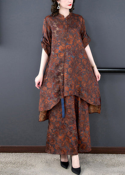 Stand Collar Print Low High Design Long Top and Wide Leg Pants Two Pieces Set Summer