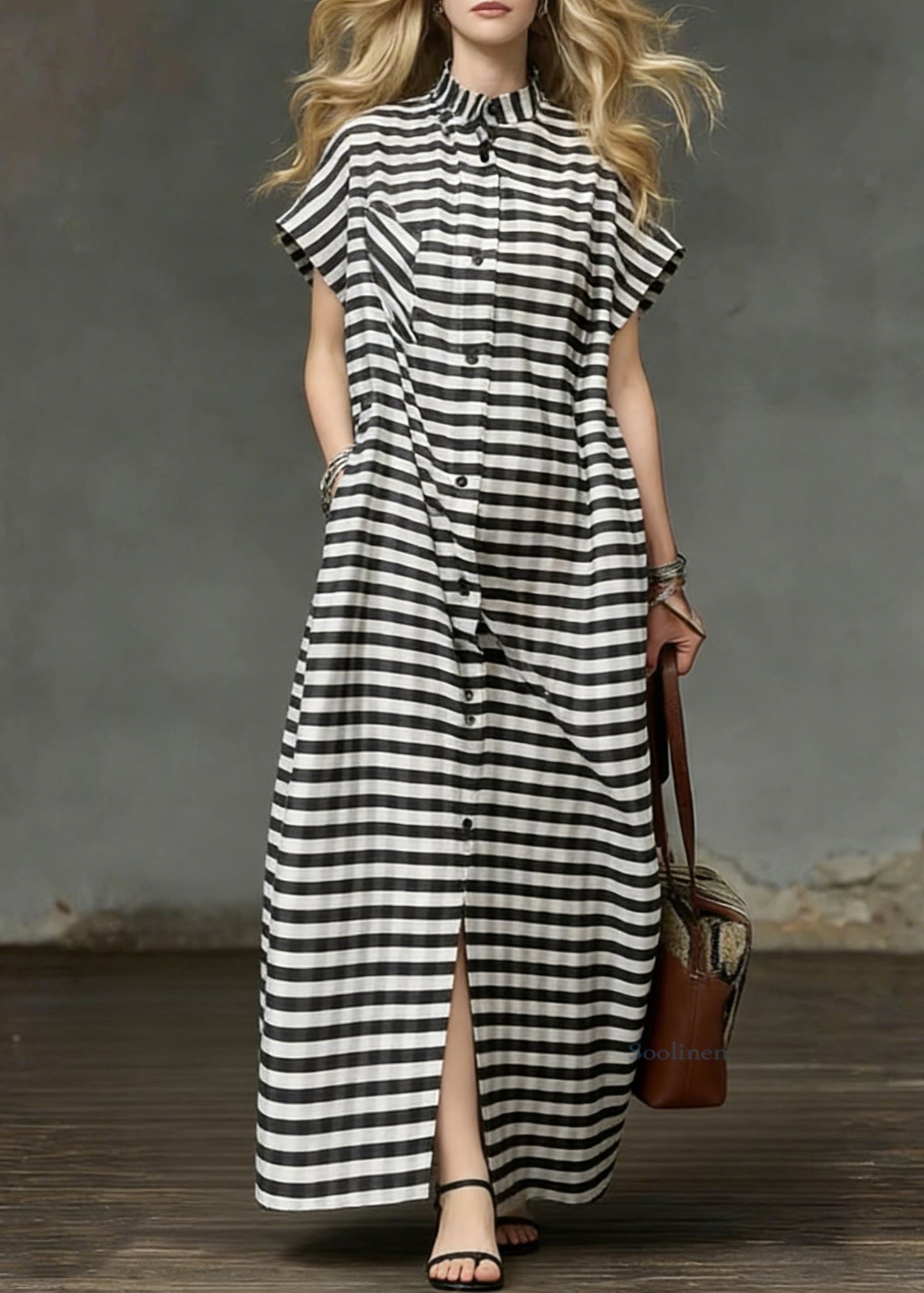 Striped Pockets Side Open Cotton Long Dresses Summer