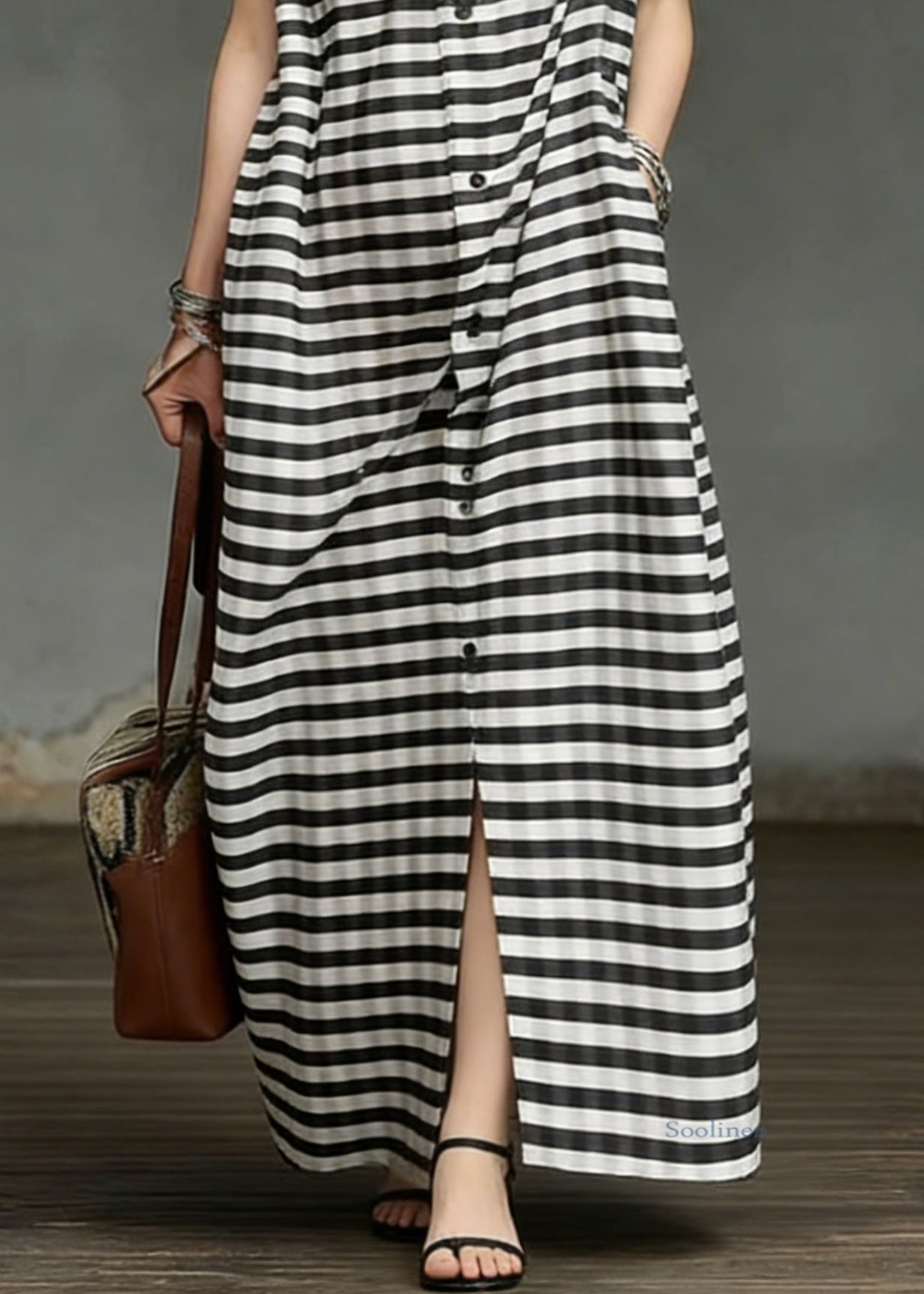 Striped Pockets Side Open Cotton Long Dresses Summer