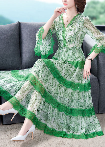 Unique Green V Neck Print Lace Dress Spring