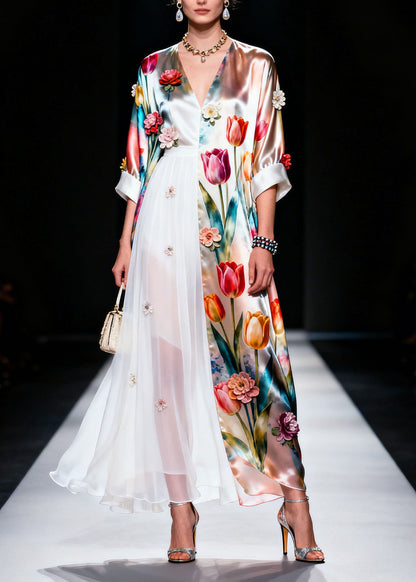 V Neck Asymmetrical Design Silk Dress Summer