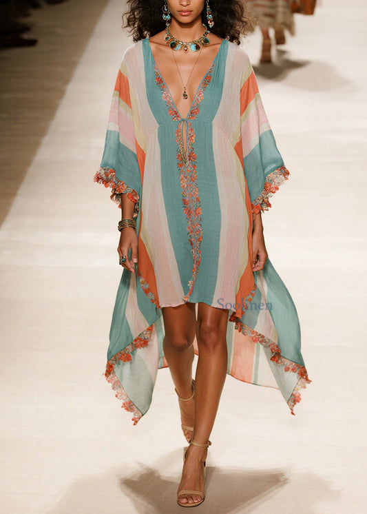 V Neck Asymmetrical Patchwork Cotton Dress Summer