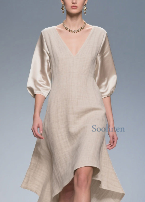 V Neck Patchwork Linen Silk Dress Summer