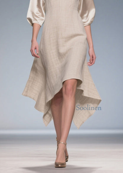 V Neck Patchwork Linen Silk Dress Summer